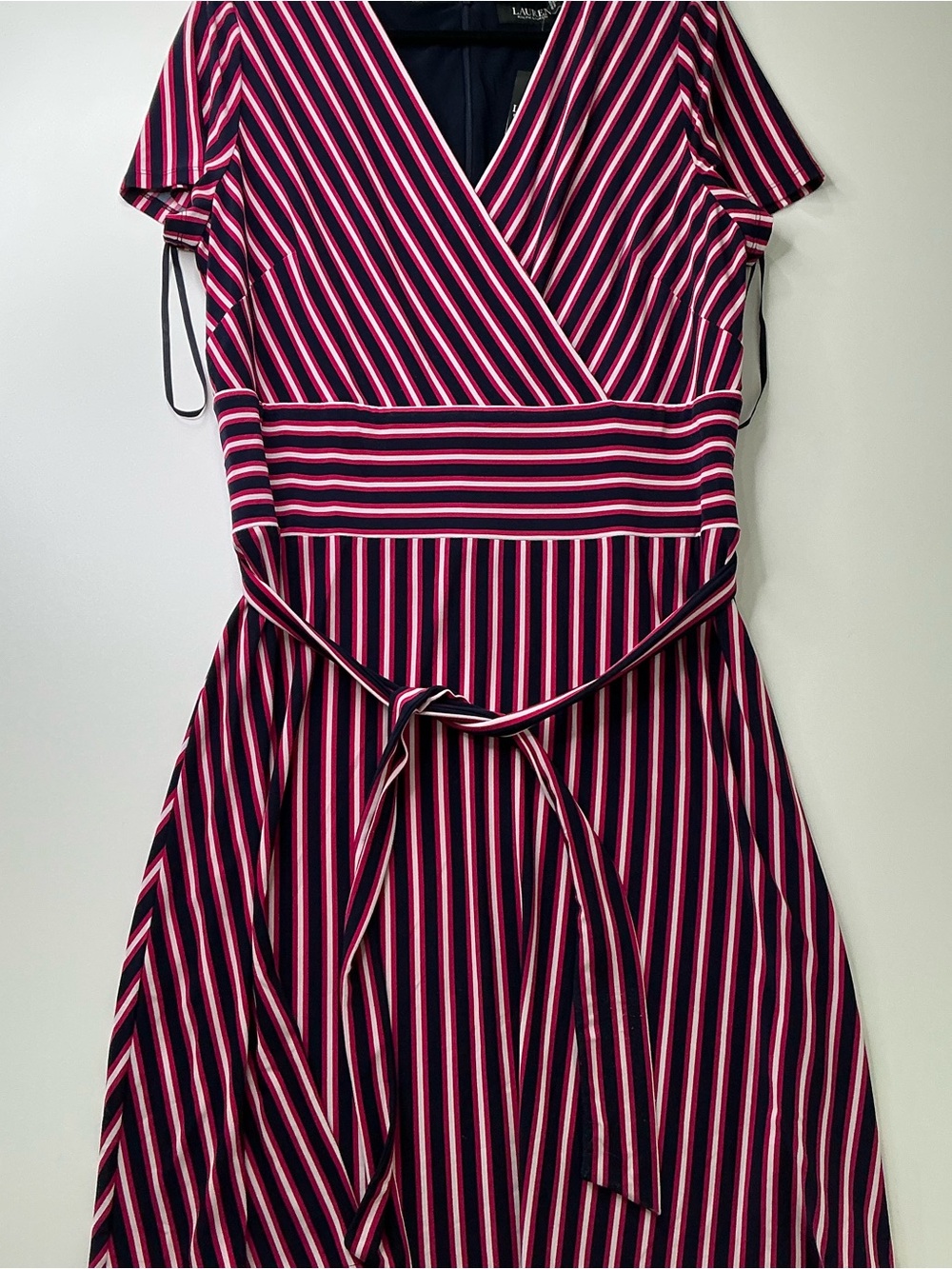 Lauren Ralph Lauren Striped Midi Dress Womens Size 16 Navy Purple Stretch VNeck